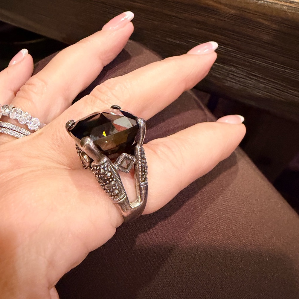 Sterling Silver Smoky Quartz Marcasite Statement Ring Art Deco Style - Picture 5 of 13
